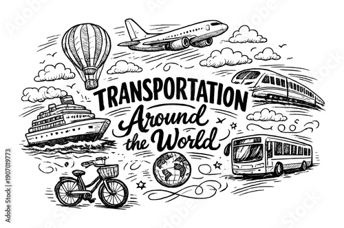 Hand-drawn transportation modes: airplane, ship, train, bus, bicycle, hot air balloon