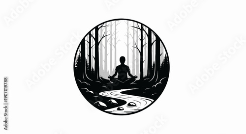 Silhouette of a person meditating in a forest with a stream
