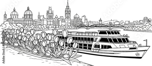 Sketch of a boat on a river with tulips and city skyline