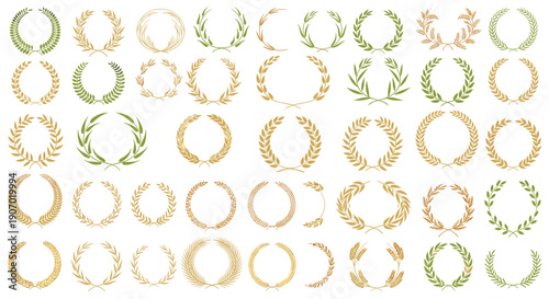 Extensive collection of circular and semi-circular wreaths made of wheat ears and green leaves for award and organic design themes.