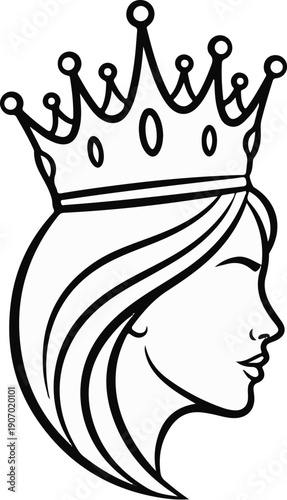 Side profile of a woman wearing a regal crown with flowing hair