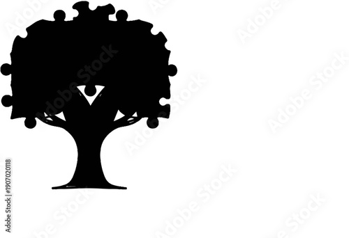 Silhouette of a tree with puzzle pieces as leaves and fruit