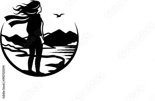 Silhouette of a person with flowing hair looking at a mountain landscape