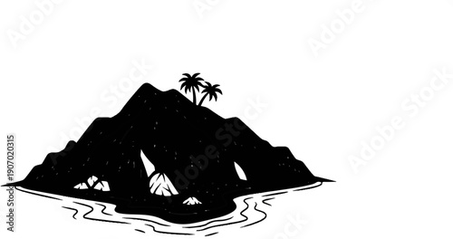 Silhouette of a rocky island with palm trees and crashing waves