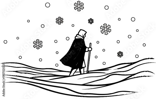 Solitary figure walks through a snowy landscape with falling snowflakes