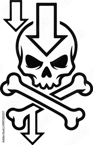 Skull and crossbones with descending arrows and circular enclosure