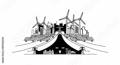 Renewable energy sources power a city and industrial complex