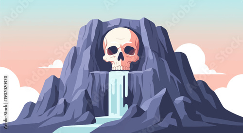 Skull cave with waterfall and pixelated sky
