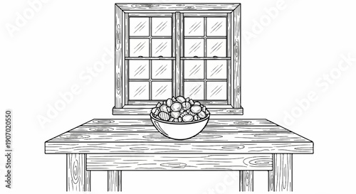 Rustic wooden table with bowl of candies sits beneath a paneled window