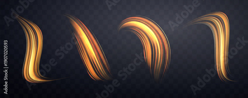 Glowing orange lines set. Neon realistic energy speed. Abstract light effect on a dark transparent background. Vector illustration.
