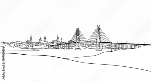 Sketch of a city skyline with a cable-stayed bridge crossing a body of water