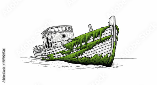 Sketch of a derelict wooden boat covered in green algae on sandy shore