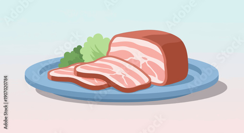 Sliced pork belly with greens on a blue plate, pastel background