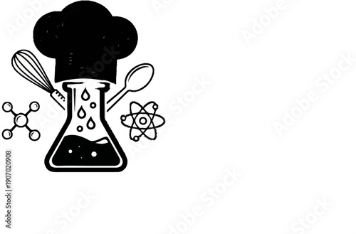 Science and cooking fusion beaker, chef hat, whisk, spoon, molecules, atom