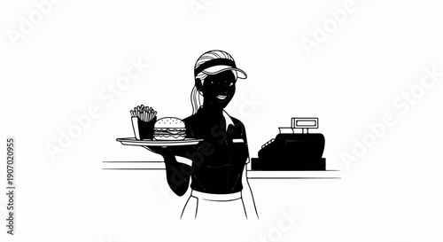 Smiling server holds tray with burger and fries near cash register