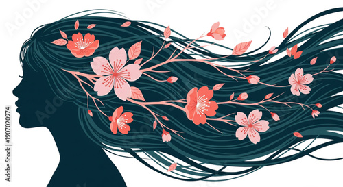 Natural Beauty Woman Silhouette with Flowing Hair and Pink Cherry Blossoms for Spring Wellness and Hair Care