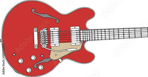 Red electric guitar with f-holes and chrome hardware against white background