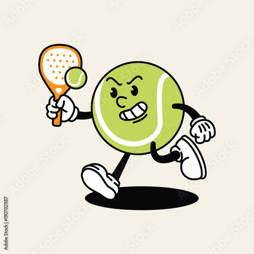 A vintage cartoon tennis ball character with arms and legs is depicted playing tennis, holding a racket and a ball. Padel Paddle Retro Mascot Character.