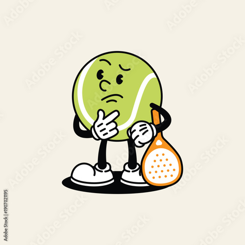 A vintage-style cartoon tennis ball with arms and legs stands thoughtfully holding a tennis racket. Padel Paddle Retro Mascot Character.