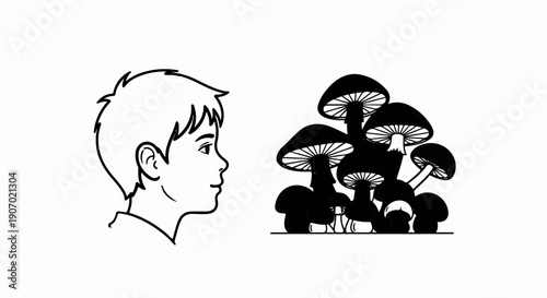 Profile of a young boy's face gazing at a cluster of mushrooms
