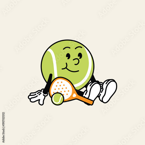 A charming anthropomorphic tennis ball with arms and legs, sitting down with a tennis racket and a smaller ball. Padel Paddle Retro Mascot Character.