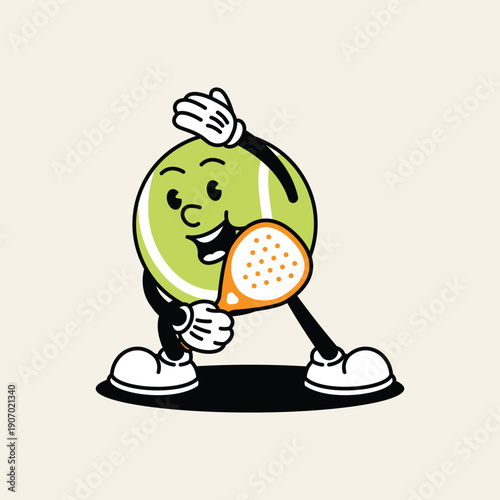 A vintage cartoon tennis ball character with arms and legs, holding a paddle and appearing to play a sport. Padel Paddle Retro Mascot Character.