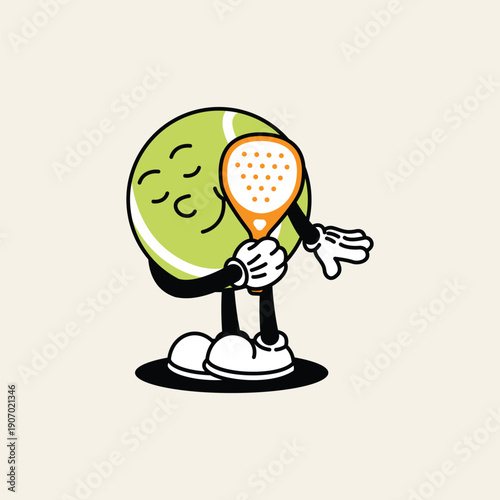 A cartoon tennis ball character with arms and legs is holding a tennis racket. The character has closed eyes and a happy expression. Padel Paddle Retro Mascot Character.