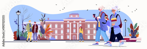 Active seniors university campus lifelong learning older adults walking with backpacks and books outdoor autumn scene educational building background