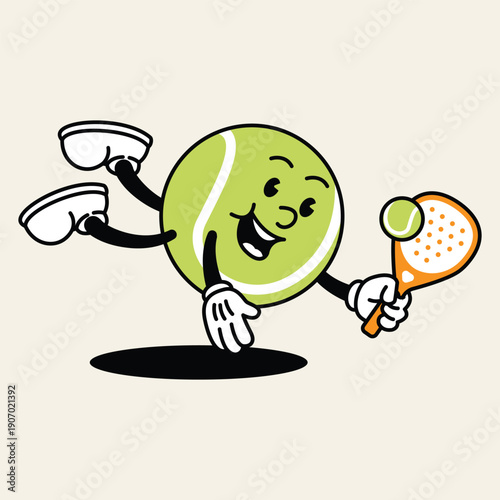 A cheerful cartoon tennis ball with arms and legs is depicted in motion, holding a tennis racket and ball, ready to play. Padel Paddle Retro Mascot Character.