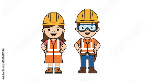 Male and female construction workers wearing yellow hard hats and orange safety vests stand ready for work at the site.