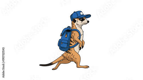 Curious meerkat wearing a blue cap and a matching backpack stands alert in this travel and adventure themed illustration.