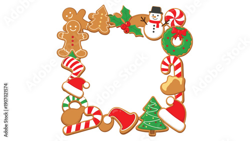 Square decorative frame made of various Christmas gingerbread cookies, candy canes, and festive holiday ornaments on a plain white background.