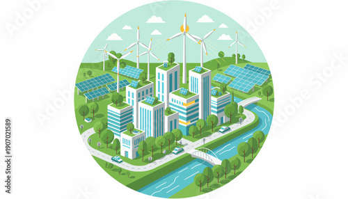 Sustainable City with Wind Turbines and Green Spaces.