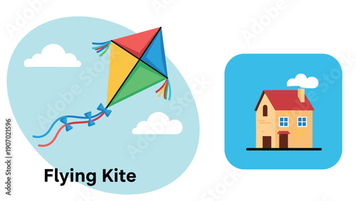 Colorful kite and charming house in a flat icon design