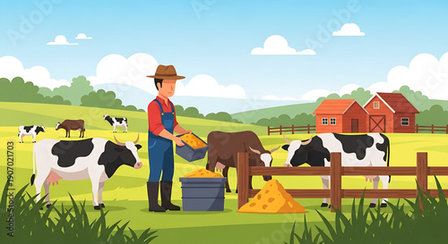 Farmer feeding cows on a lush green farm with red barns in the background