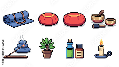 Pixel art meditation essentials: mats, cushions, oils, and more
