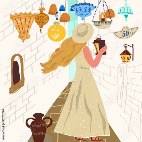 A female tourist stands at on an ancient street, with hanging lanterns. Hand drawn illustration.