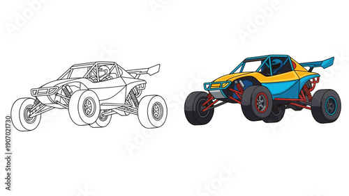 Two versions of a rugged off-road buggy car, one in black and white line art for coloring and one fully colored in yellow and blue.