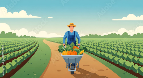 Farmer pushing wheelbarrow filled with vibrant harvest of fresh vegetables through green fields, embodying sustainable farming, healthy food, and agricultural success