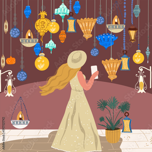 A female tourist stands at a local market in a boutique with lanterns and souvenirs. Hand drawn illustration.