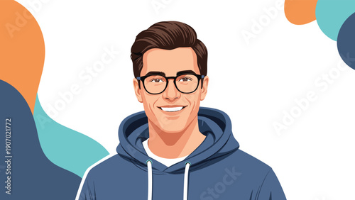 Cheerful young man wearing a blue hoodie and glasses smiling brightly against a background of colorful abstract shapes.