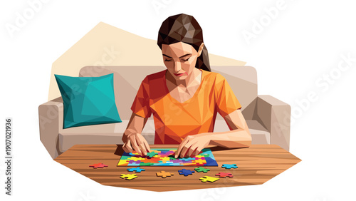 Low poly art of woman assembling puzzle on wooden table in cozy living room
