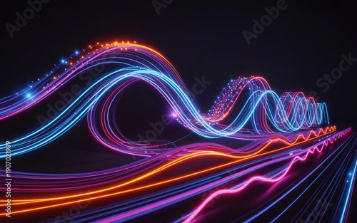 Neon Waveform Symphony: A captivating visual representation of sound waves, pulsating with vibrant neon colors, creating a dynamic and immersive experience. 