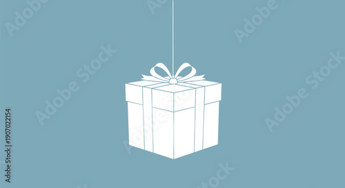 Minimalist white gift box icon with a bow hanging from a thin line against a soft blue background for festive themes.