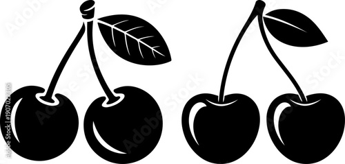 Vector illustration of two delicious red cherries featuring fresh green leaves and stems isolated on a white background for a healthy summer fruit dessert