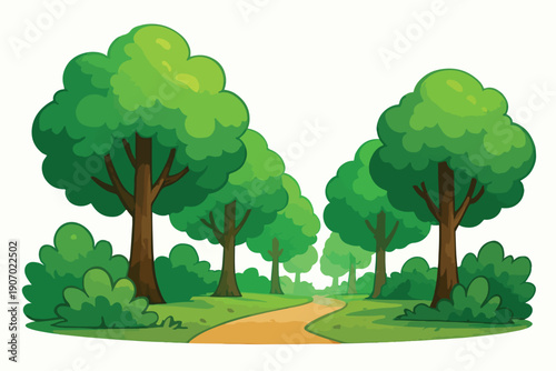 Print Cartoon Forest Path Landscape – Green Trees and Bushes Nature Illustration