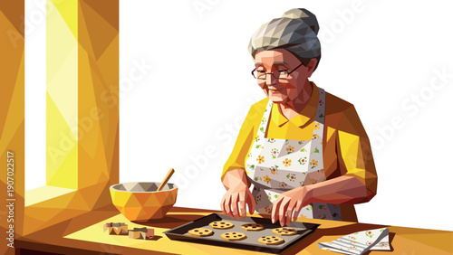 Elderly woman baking cookies with polygonal art style in bright kitchen setting