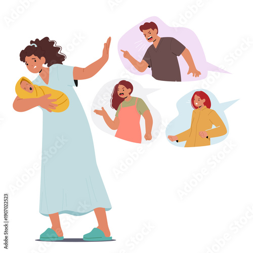 Young lonely mother protecting baby from furious citizens and social aggression cartoon scene