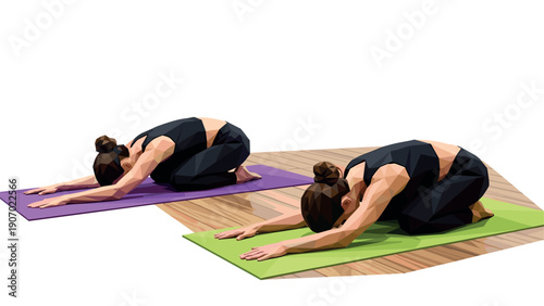 Low poly yoga poses on colorful mats for wellness and fitness