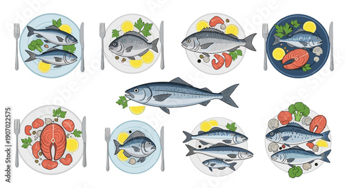 Variety of grilled and raw fish dishes served on plates with lemon and herbs seen from an overhead perspective for culinary design.